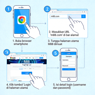 Ilustrasi langkah-langkah mengakses M88 melalui browser smartphone mulai dari membuka browser hingga login