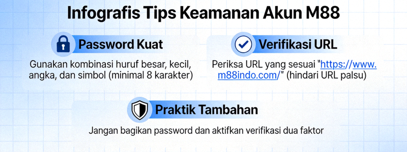 Infografis tentang tips keamanan akun M88 termasuk penggunaan password kuat dan verifikasi URL