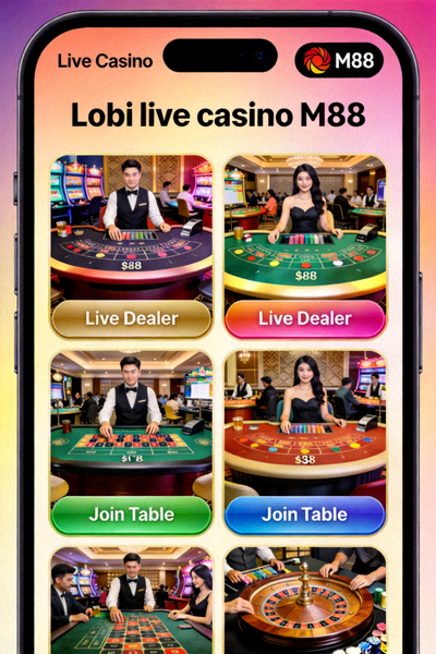 Lobi live casino M88 di perangkat mobile yang menampilkan berbagai meja permainan dengan dealer langsung