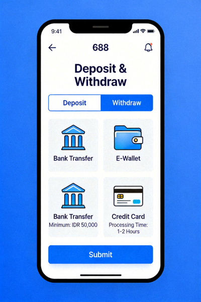 Menu deposit dan withdraw di aplikasi M88 Mobile yang menunjukkan metode pembayaran yang tersedia