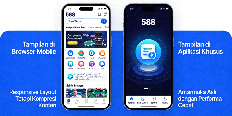 Perbandingan visual antara tampilan M88 di browser mobile versus aplikasi khusus di smartphone